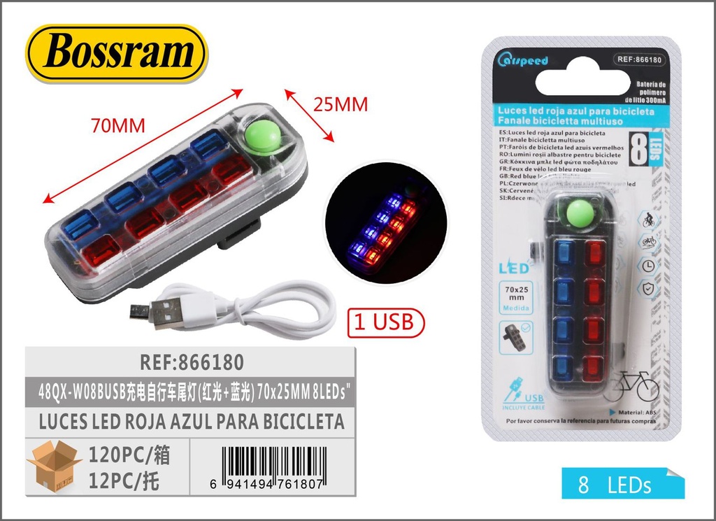 Luz LED recargable USB para bicicleta con luz roja y azul 70x25mm 8 LEDs