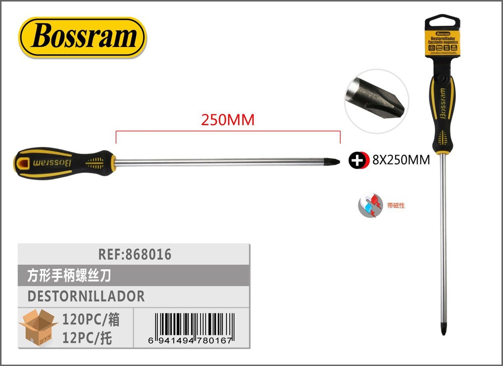 Destornillador magnético de 8x250mm con mango cuadrado para bricolaje