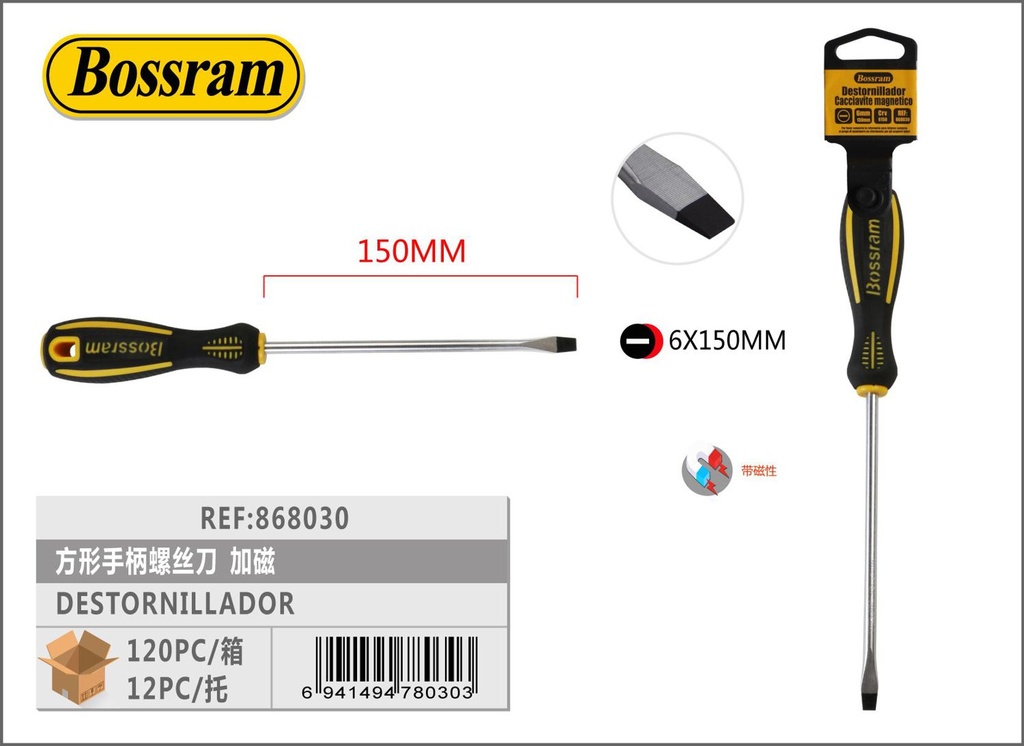 Destornillador de mango cuadrado imantado 6x150mm para reparaciones