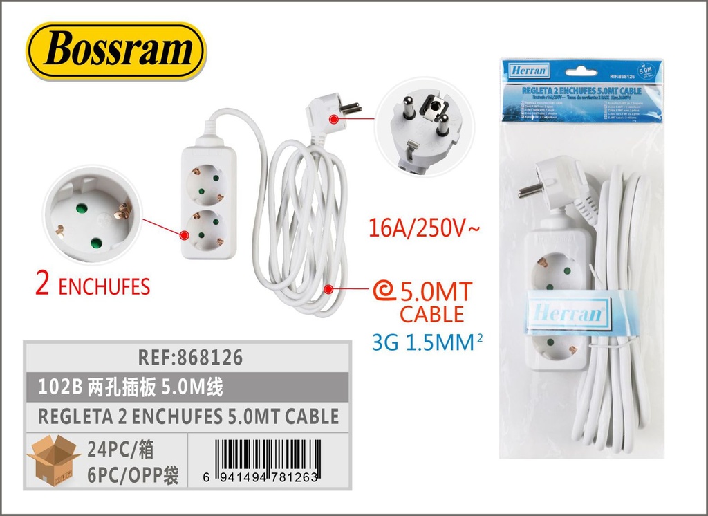 Regleta con 2 enchufes y cable de 5m para uso eléctrico