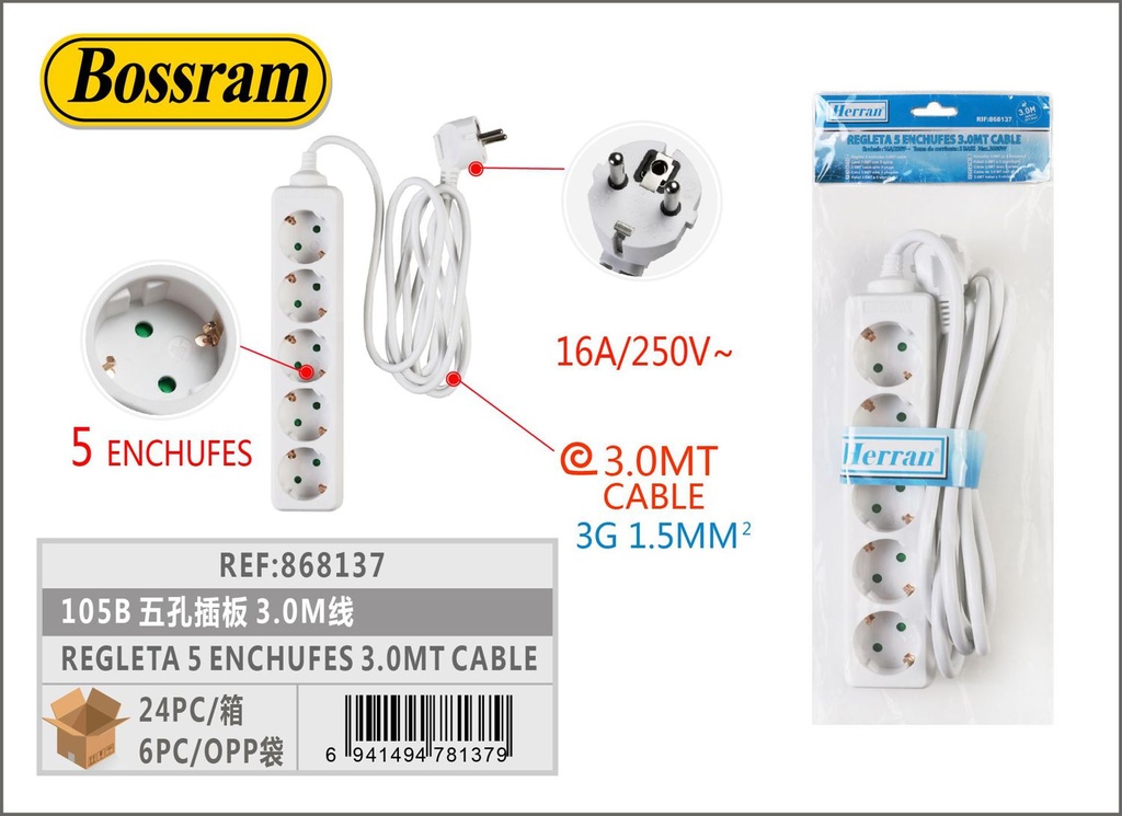 Regleta 5 enchufes 3.0m cable para electricidad