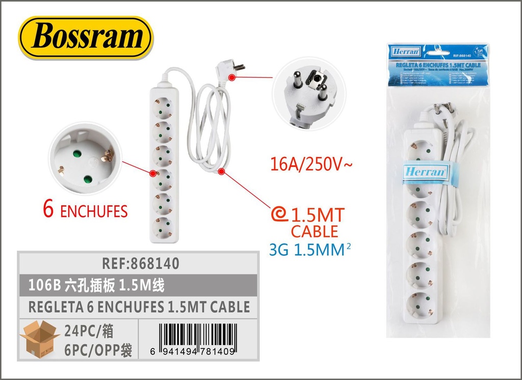 Regleta 6 enchufes 1.5m cable para electricidad