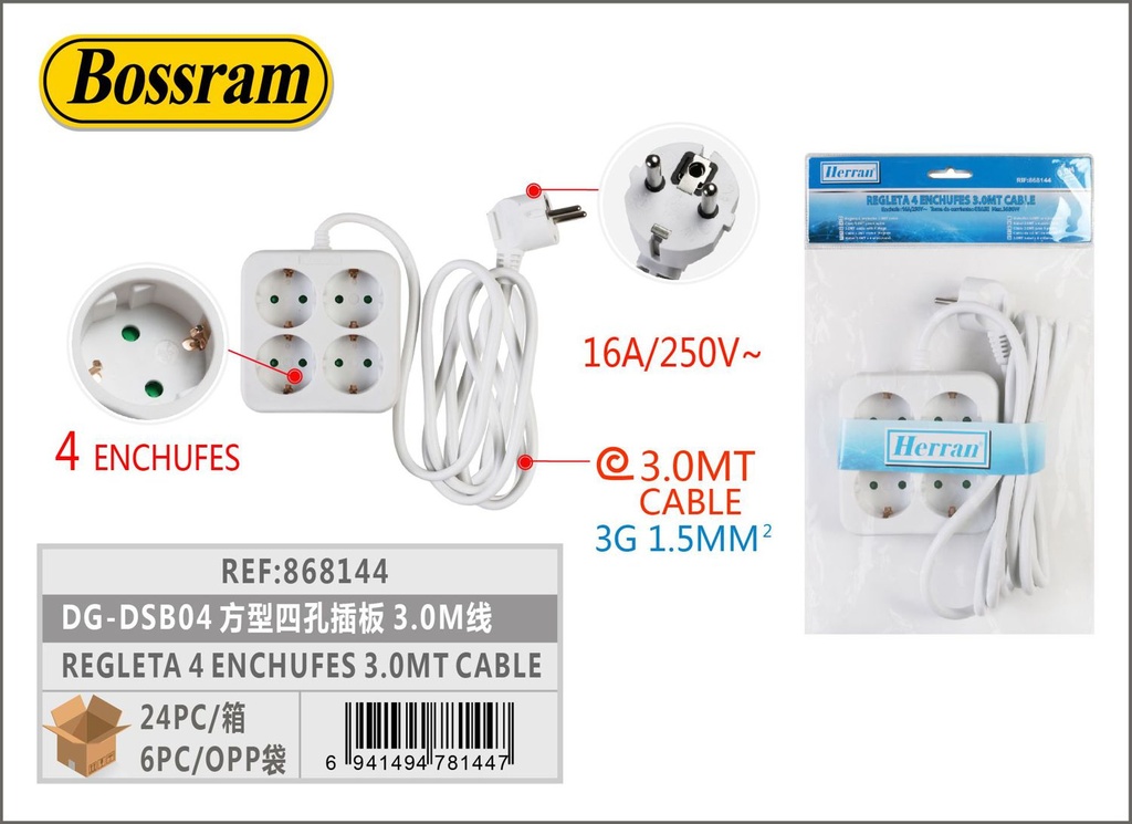 Regleta 4 enchufes 3.0mt cable para electricidad