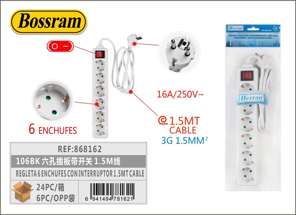 Regleta 6 enchufes con interruptor 1.5m cable para electricidad