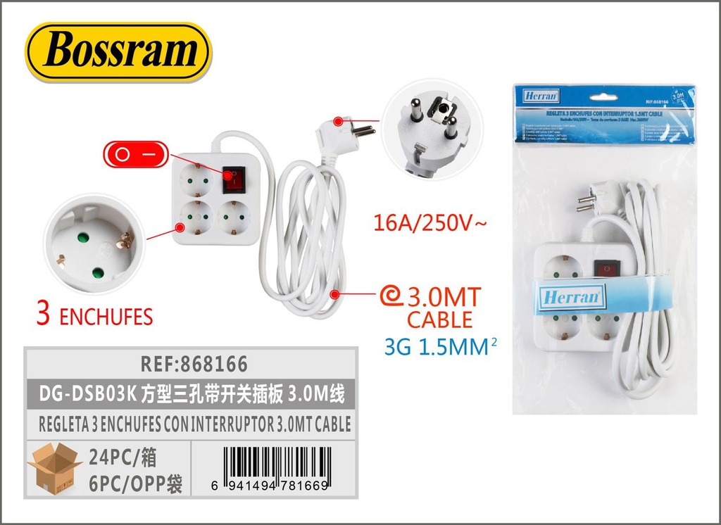 Regleta 3 enchufes con interruptor 3.0mt cable DG-DSB03K 方形 三孔带开关插板 para electricidad