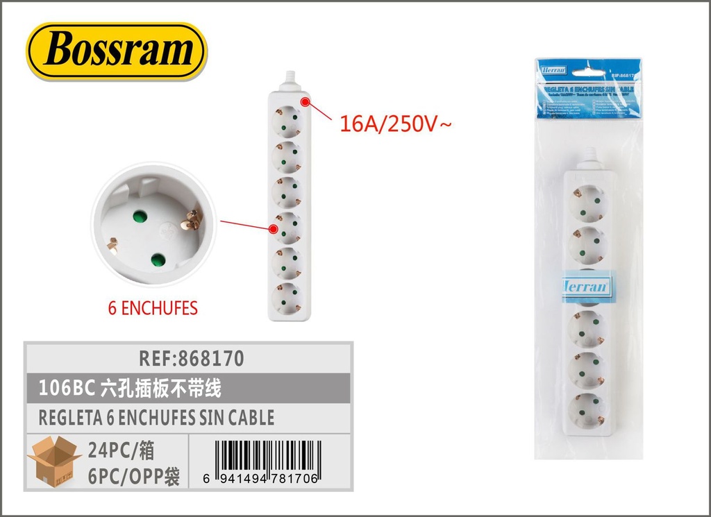 Regleta 6 enchufes sin cable para electricidad