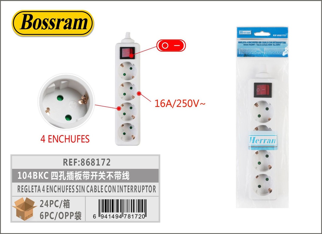 Regleta de 4 enchufes sin cable con interruptor para electricidad