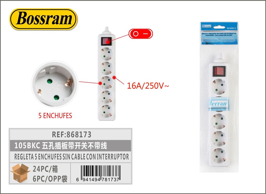 Regleta 5 enchufes sin cable con interruptor