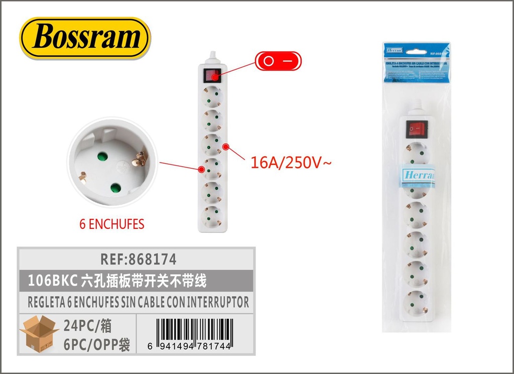 Regleta 6 enchufes sin cable con interruptor