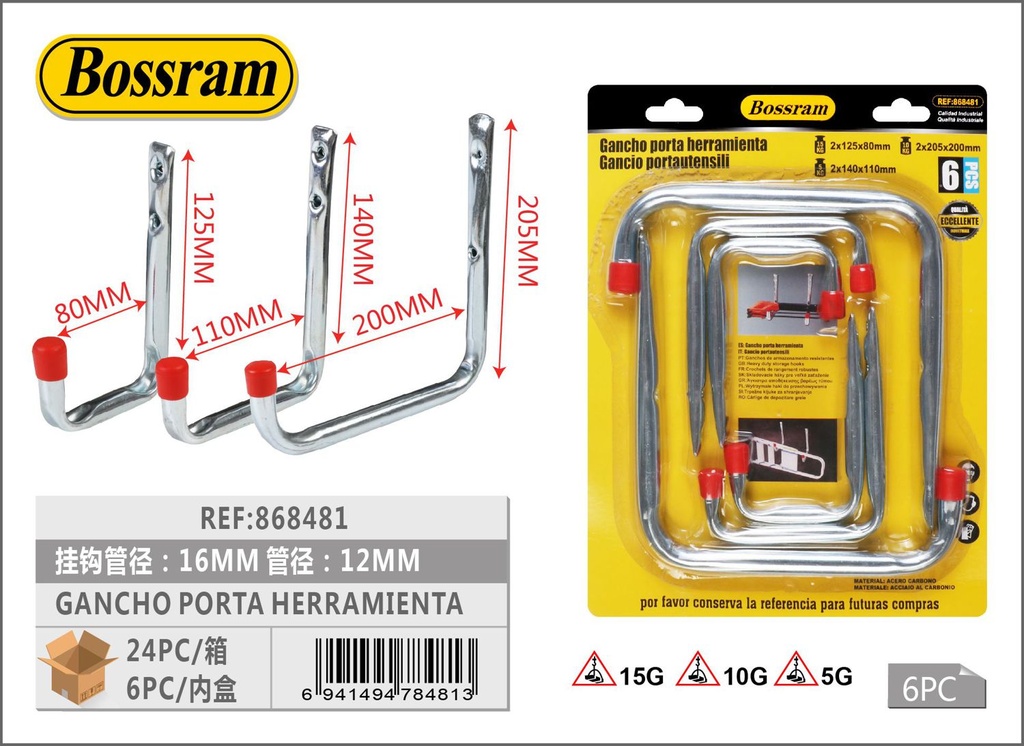 Gancho porta herramienta 16mm/12mm para almacenamiento