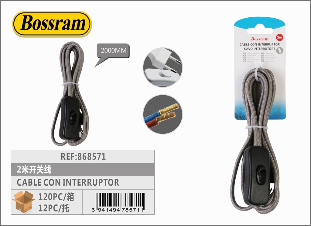 Cable con interruptor 2m gris