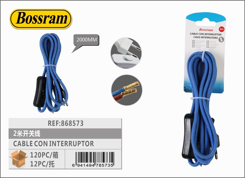 Cable con interruptor azul claro 2m para iluminación y electricidad