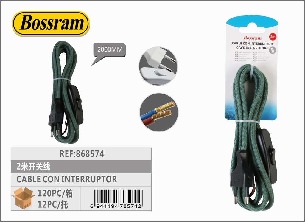 Cable con interruptor verde 2m para lámparas y luces