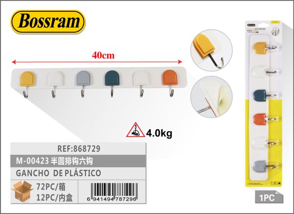 Gancho de plástico semicircular con 6 ganchos