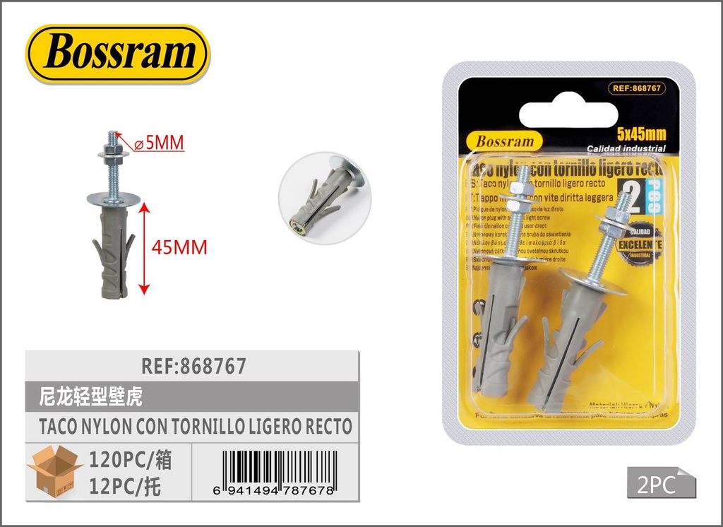 Taco nylon ligero con tornillo recto M5x45 2pcs para fijaciones en pared