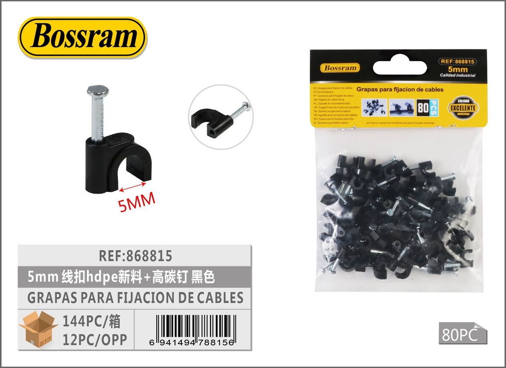 Grapas para fijación de cables 5mm HDPE con clavo de alto carbono negro