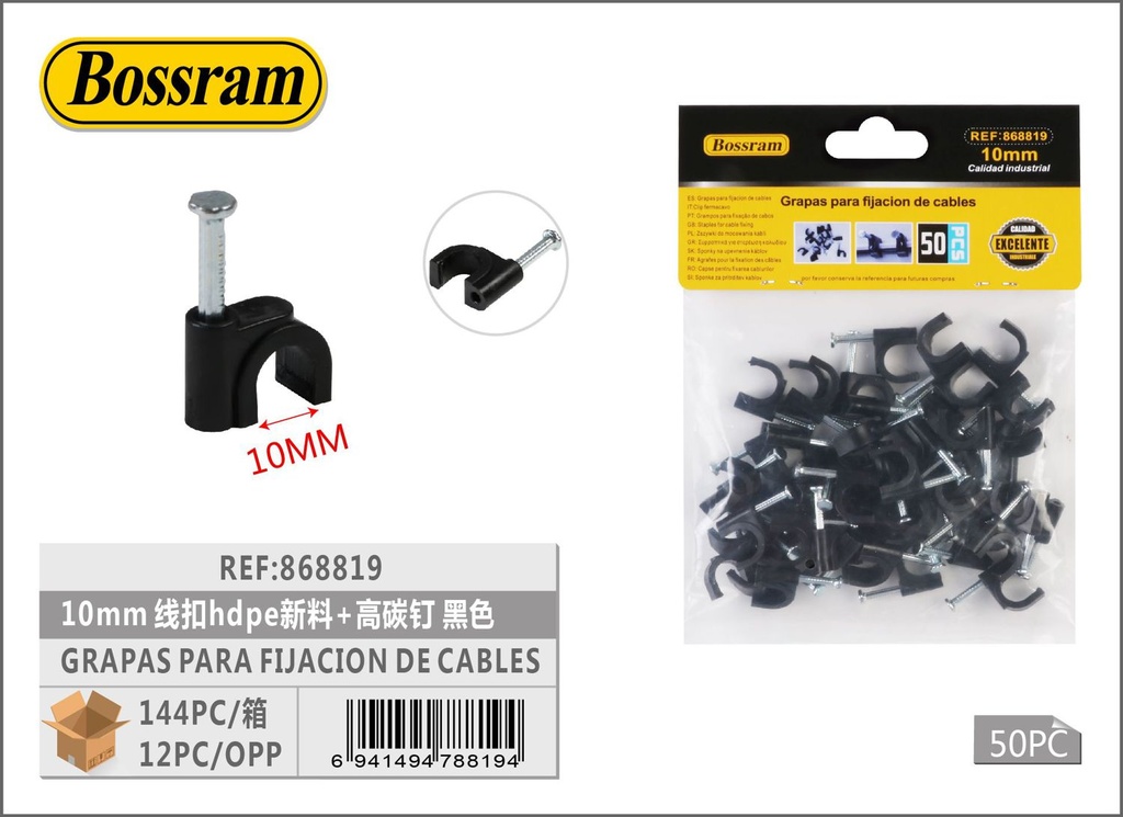 Grapas para fijación de cables 10mm HDPE negro para instalaciones eléctricas