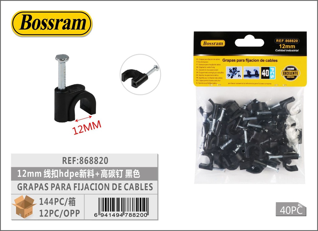 Grapas para fijación de cables 12mm HDPE negro