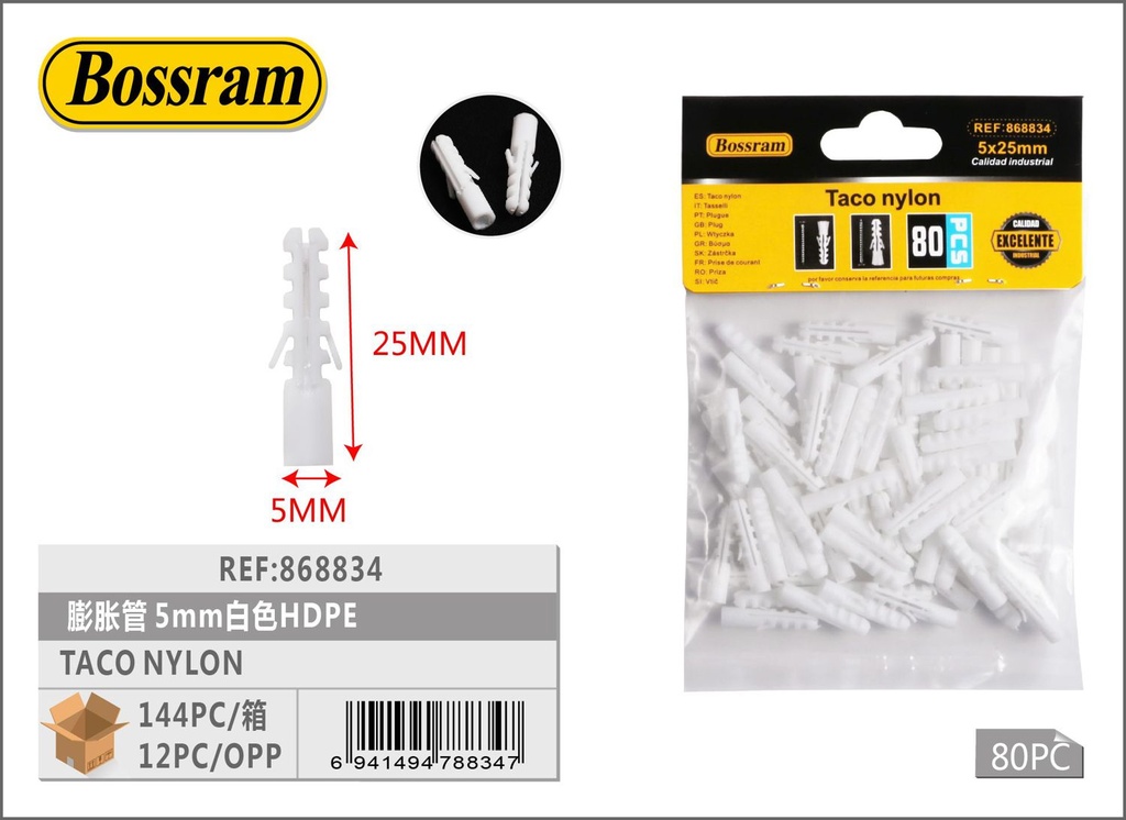 Taco nylon blanco 5mm 80pcs para fijación