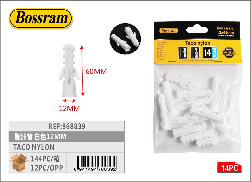 Taco de nylon blanco 12mm 14pcs para fijación