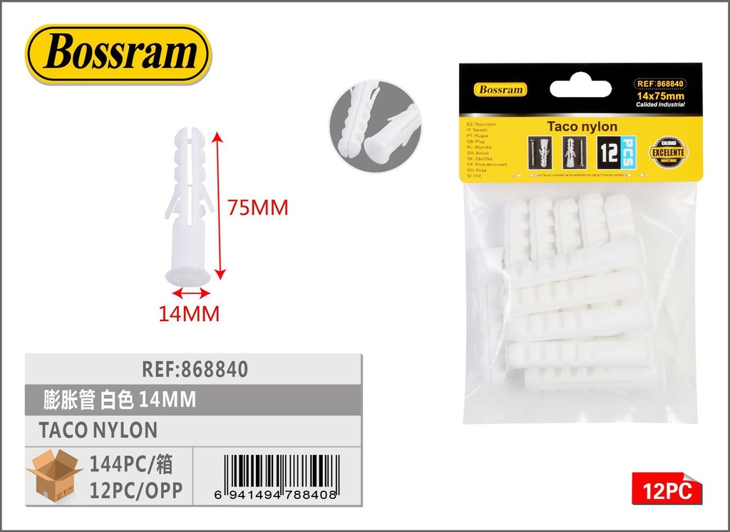 Taco de nylon 14mm blanco 12pcs para sujeción y bricolaje