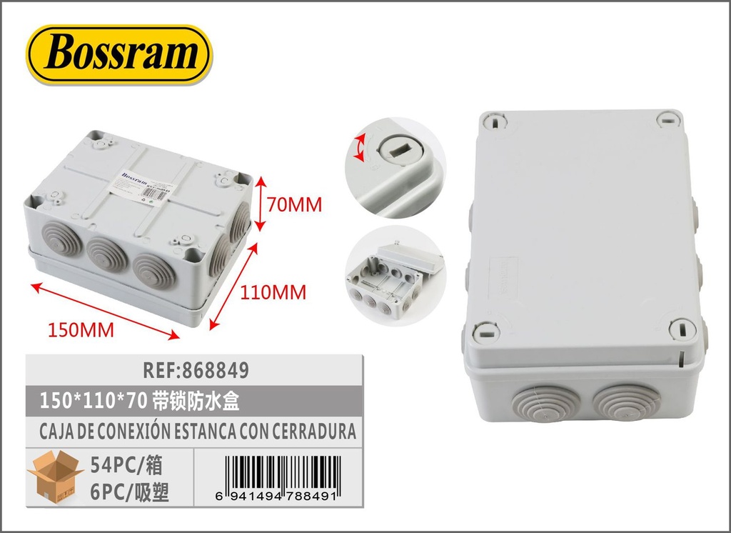 Caja de conexión estanca con cerradura 150x110x70