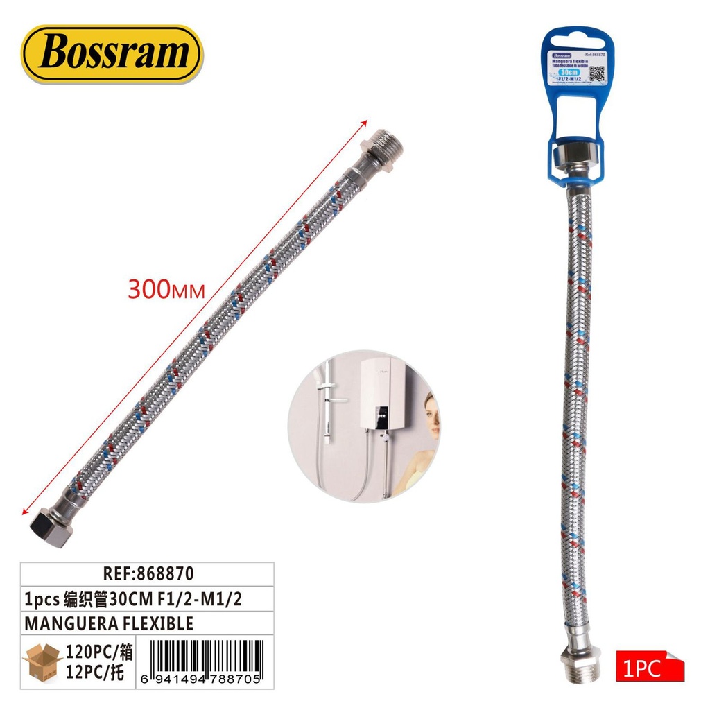 Manguera flexible 30cm F1/2-M1/2 para baño y sanitarios