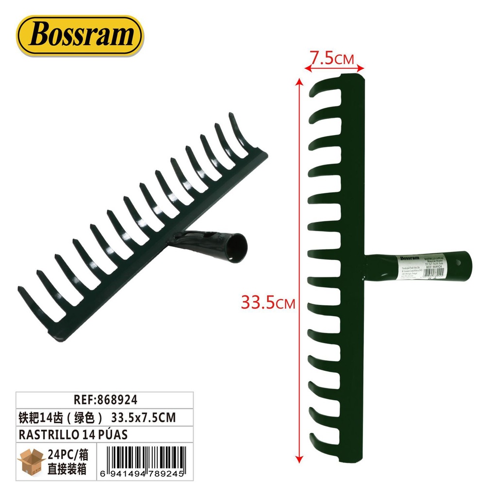 Rastrillo verde de 14 púas 33.5x7.5cm para jardín