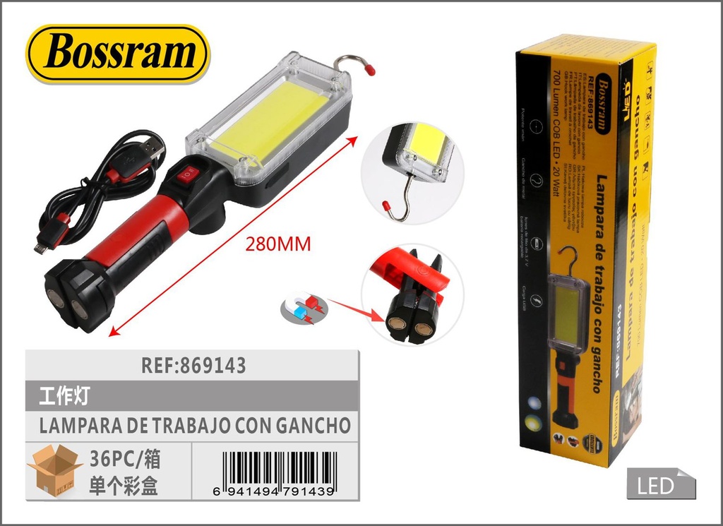 Lámpara de trabajo con gancho BL-8859-B-COB para iluminación