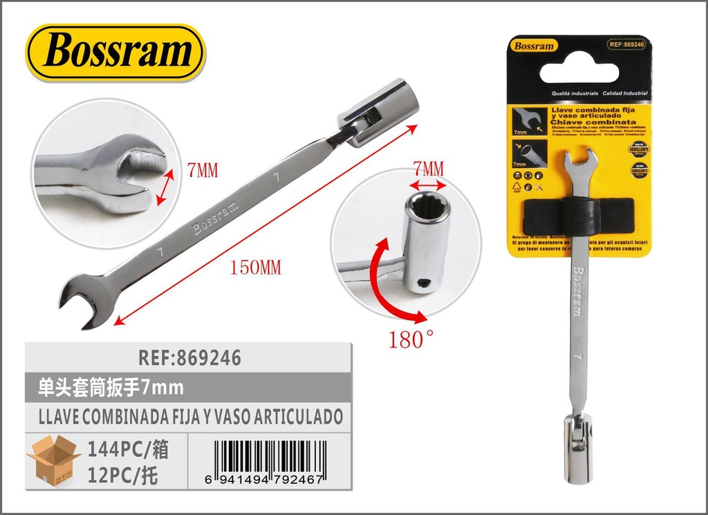 Llave combinada fija y vaso articulado 7mm para mecánica