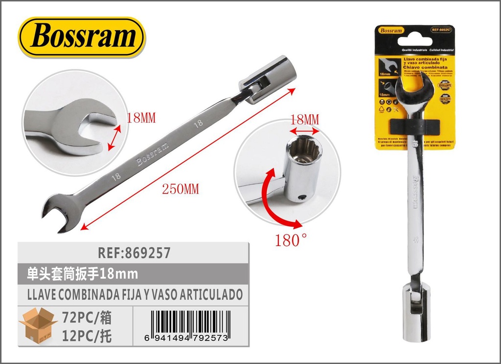 Llave combinada fija y vaso articulado 18mm para mecánica