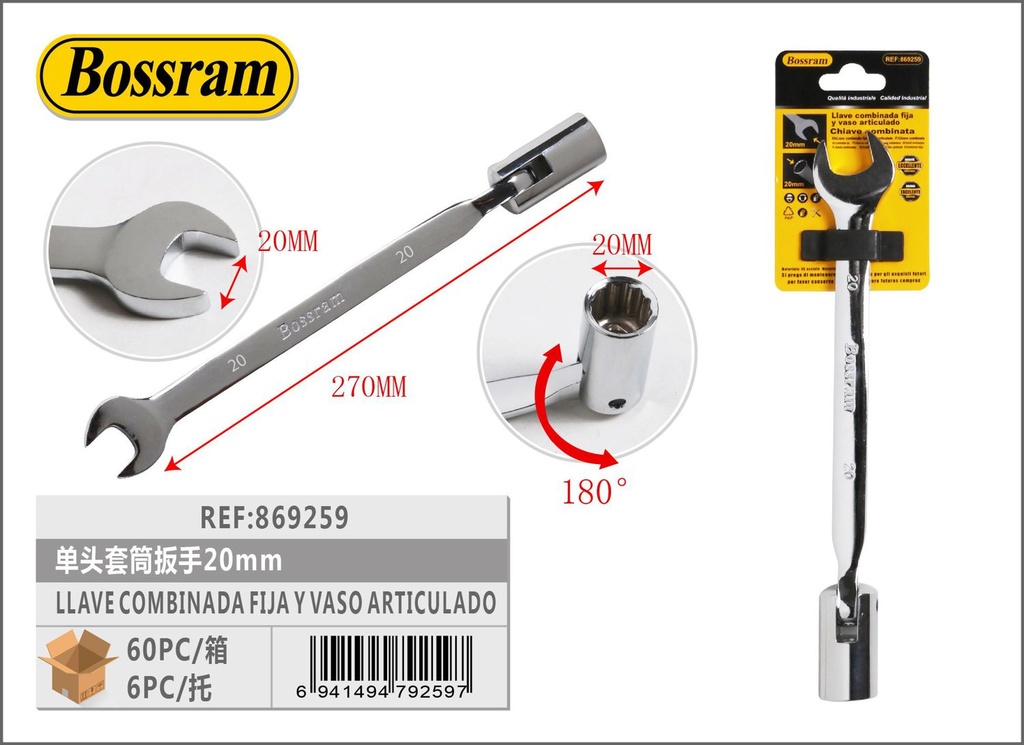 Llave combinada fija y vaso articulado 20mm para mecánica