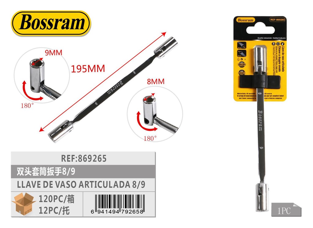 Llave de vaso articulada 8/9 para mecánica