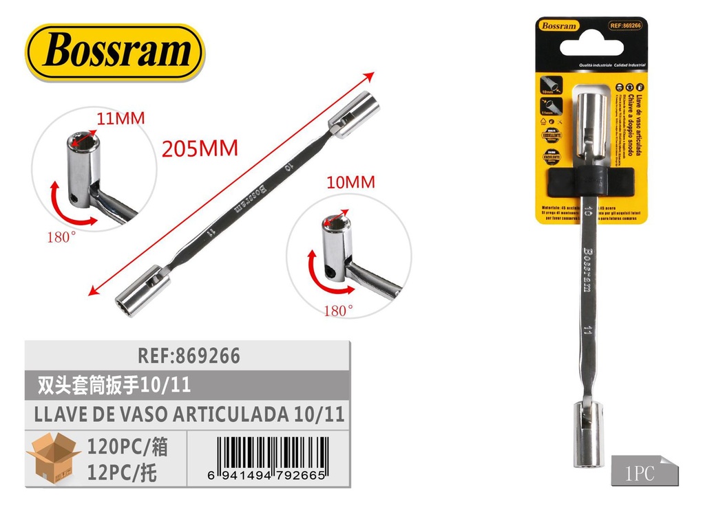 Llave de vaso articulada 10/11 para mecánica y bricolaje