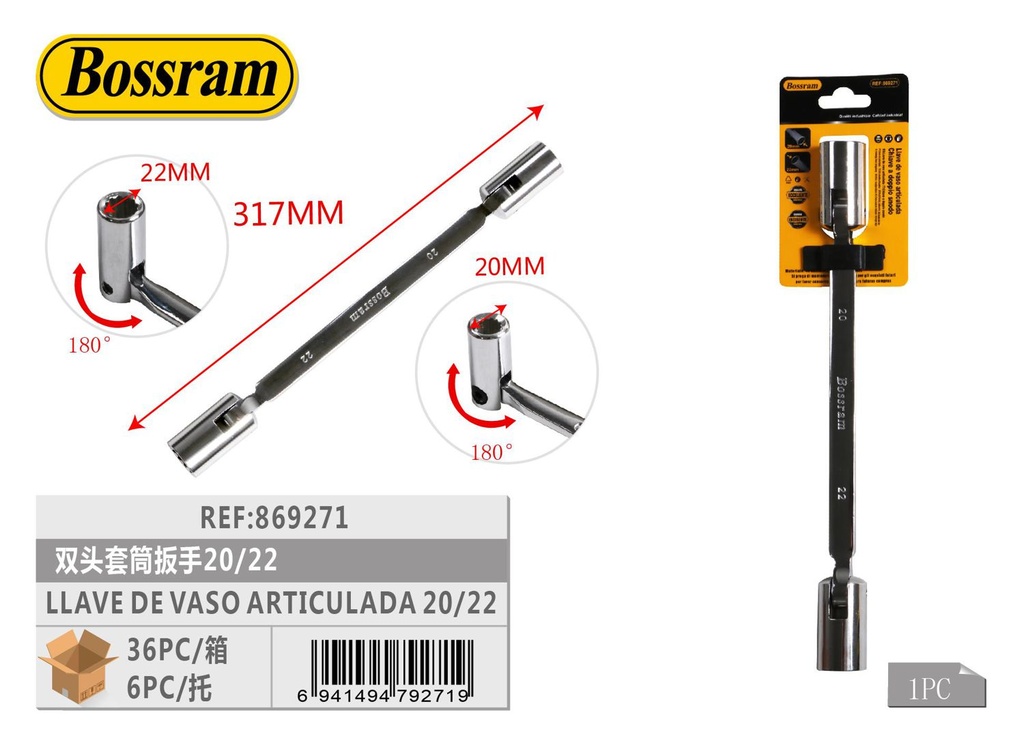 Llave de vaso articulada 20/22mm para mecánica