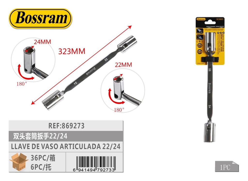 Llave de vaso articulada 22/24 para mecánica y bricolaje