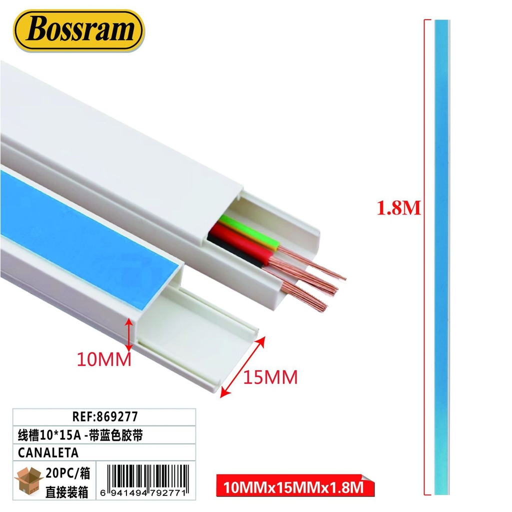 Canaleta 10x15A 1.8m con cinta azul para organización de cables