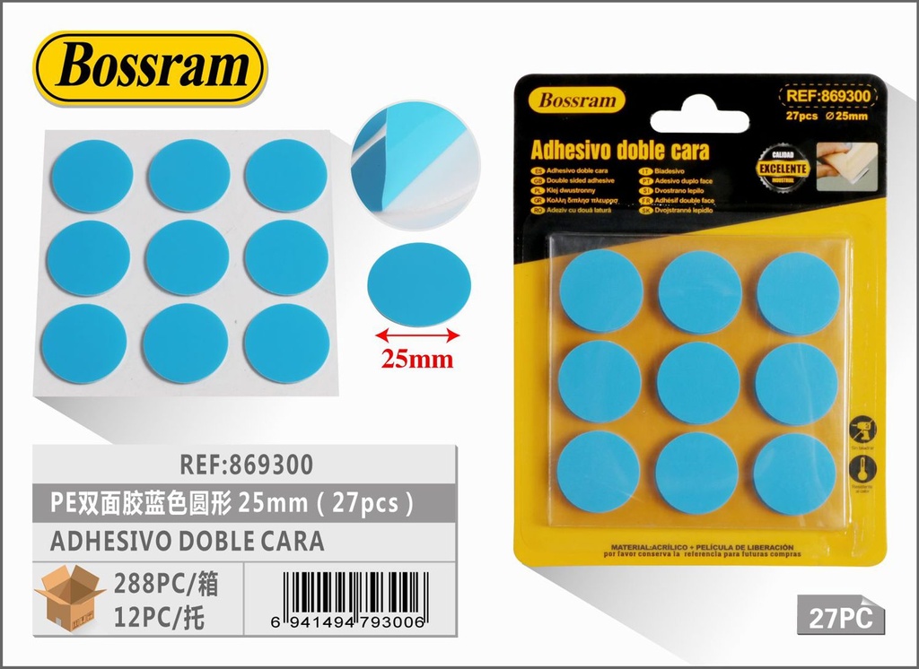 Adhesivo de doble cara azul redondo 25mm (27pcs)