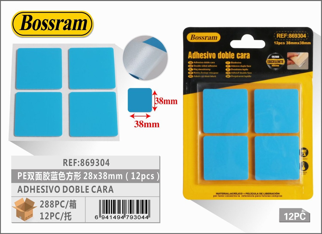 Adhesivo doble cara azul PE 38 mm 12 pcs