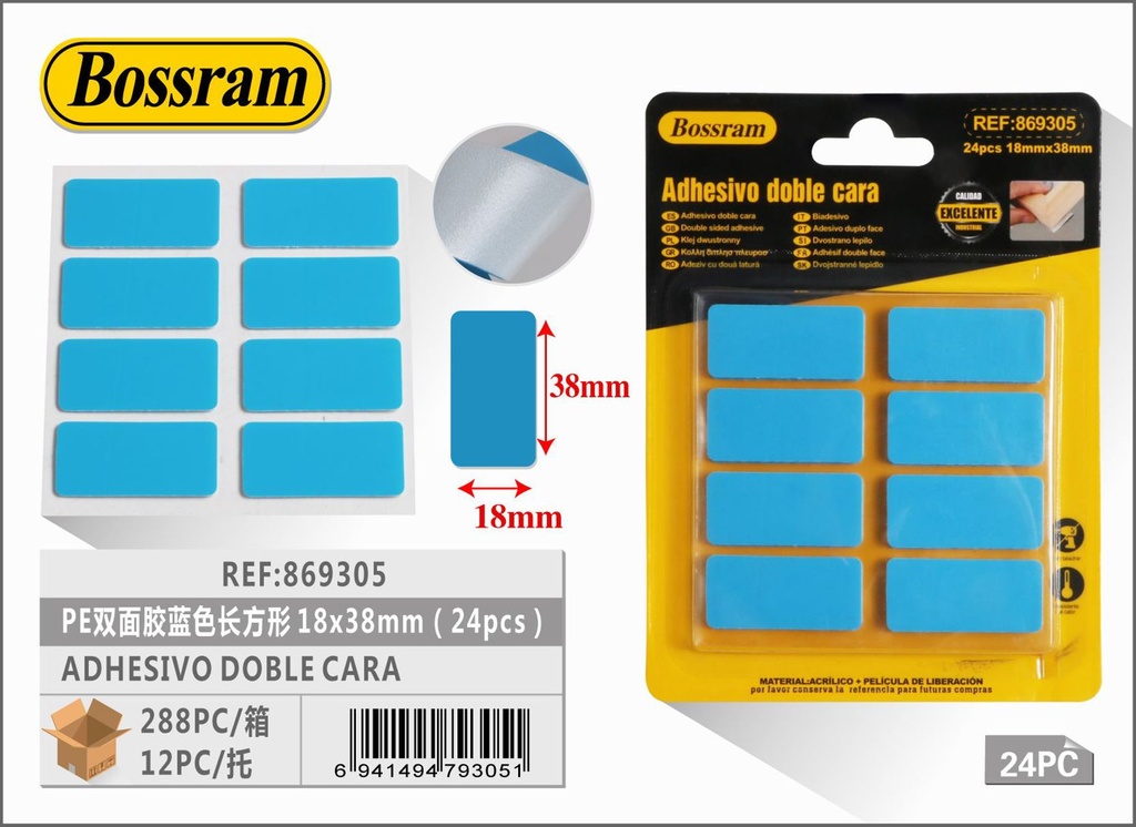 Adhesivo doble cara azul 18x38mm (24pcs) para fijación