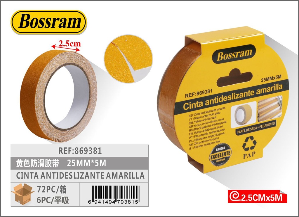 Cinta antideslizante amarilla 25mm x 5m, ferretería