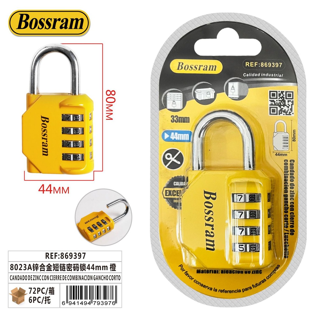 Candado de zinc con combinación y gancho corto para seguridad