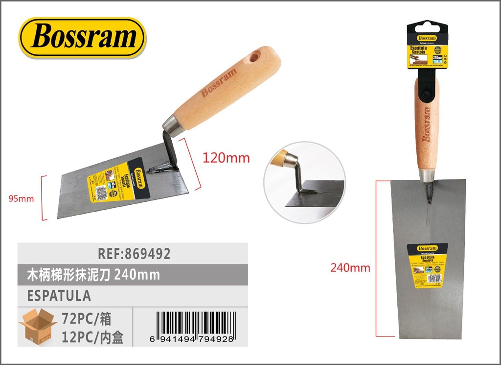 Esptatula trapezoidal con mango de madera 240mm para construcción