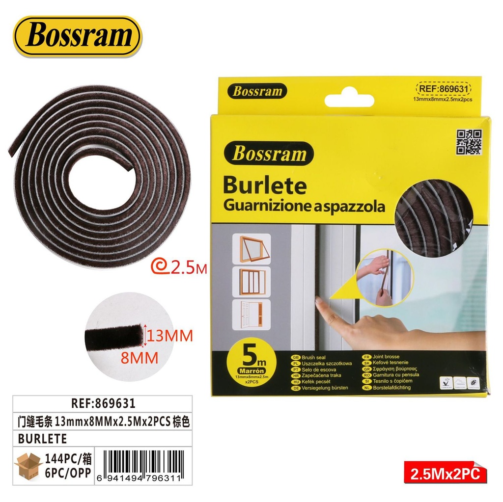 Burlete marrón para puertas 13mmx8mmx5m para aislamiento