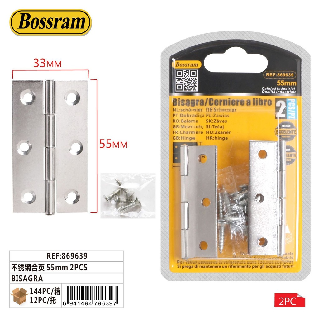 Bisagra de acero inoxidable 55mm 2 pcs para puertas y muebles