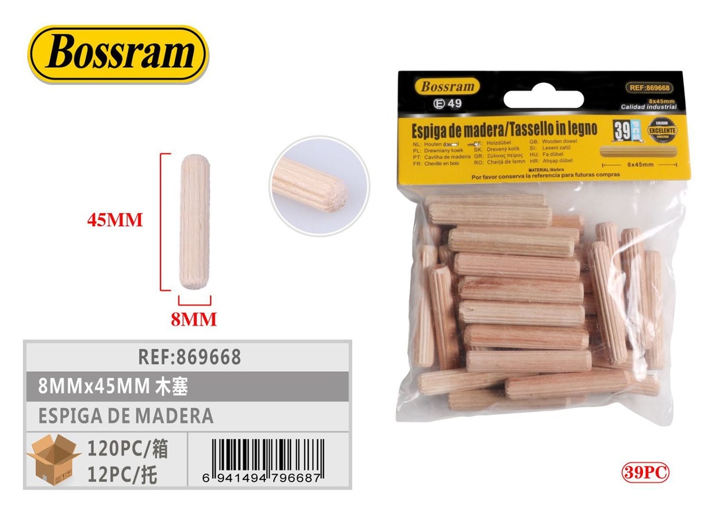 Espiga de madera 8mm x 45mm 39pcs