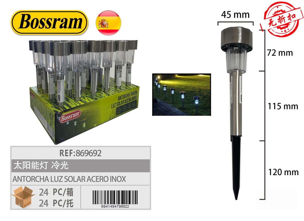 Antorcha luz solar de acero inoxidable para jardín