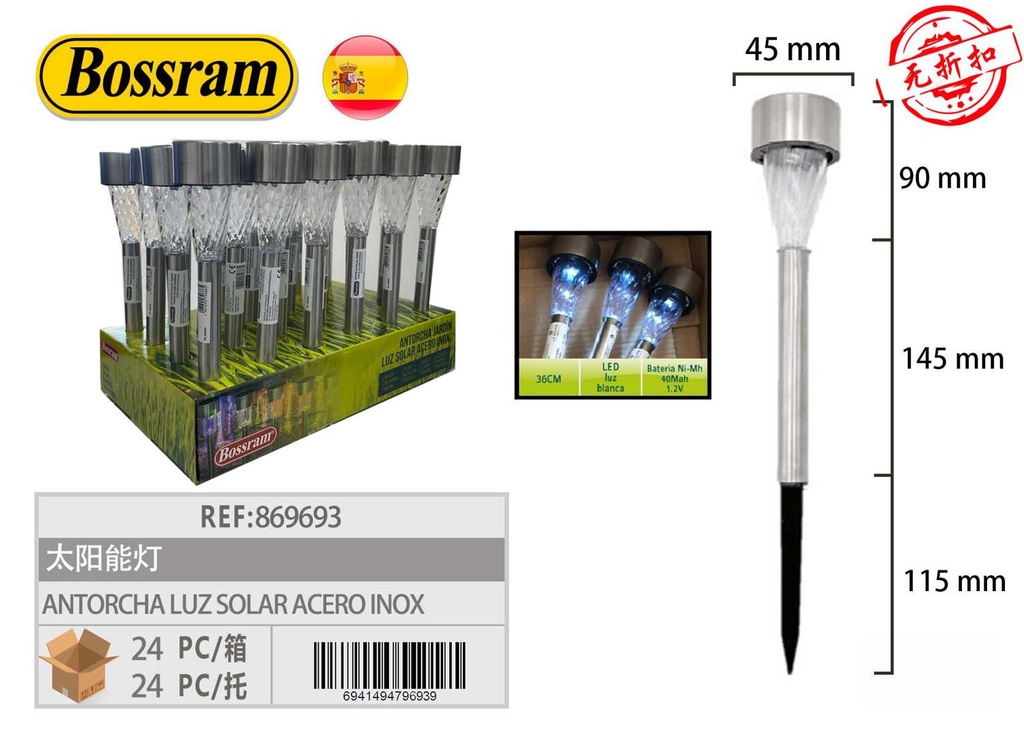 Antorcha de luz solar de acero inoxidable para exteriores