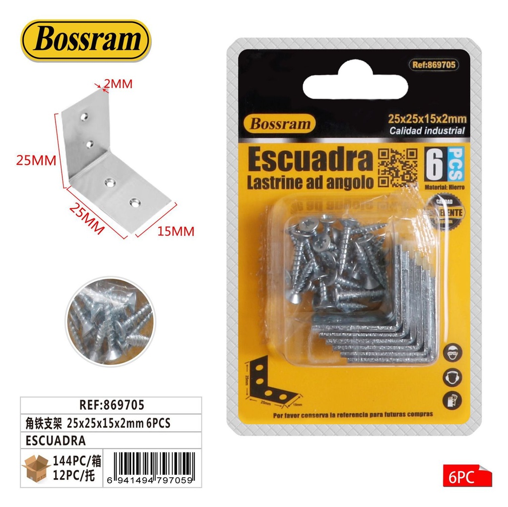 Escuadra metálica 25x25x15x2mm 6pcs para fijaciones