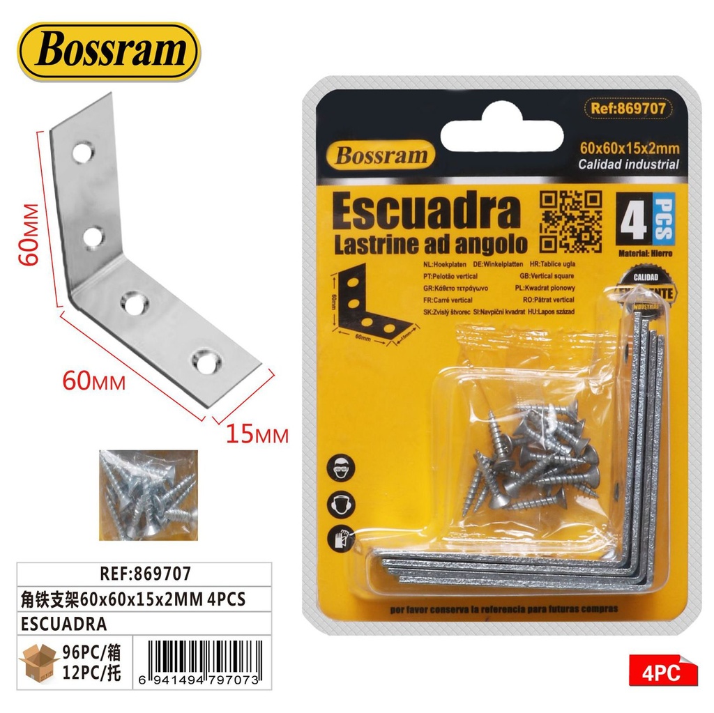 Escuadra metálica 60x60x15x2mm 4pcs para fijación